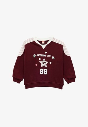 Felpa bordeaux con spalle a righe bianche, con la scritta "AWESOME CITY 86", grafica di stelle e decorazioni floreali. Materiale morbido con vestibilità rilassata.