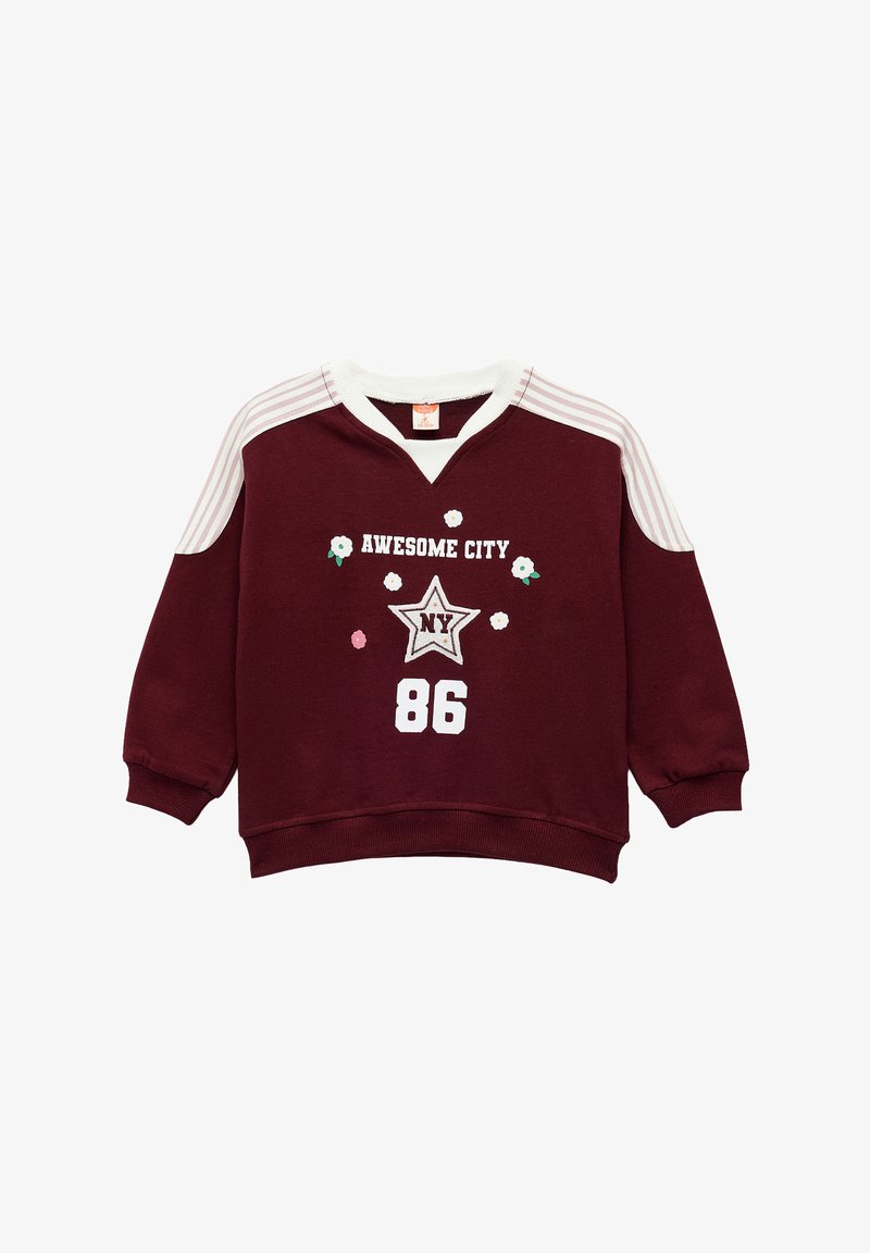 Bordeauxfarbener Sweatshirt mit weißen gestreiften Schultern, versehen mit "AWESOME CITY 86", Sternmotiv und floralen Akzenten. Weiches Material mit lockerer Passform.
