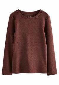 Maglia marrone a maniche lunghe con scollo rotondo. Presenta un tessuto testurizzato e un taglio dritto, offrendo una silhouette semplice e aderente.
