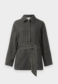 Checkered jacket in gray and black, featuring a collar, long sleeves, a cinched waist with a fabric belt, and a textured fabric surface.