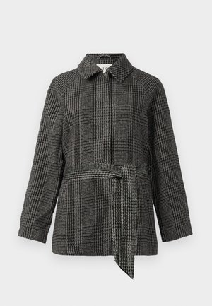 Checkered jacket in gray and black, featuring a collar, long sleeves, a cinched waist with a fabric belt, and a textured fabric surface.