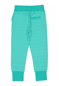 Turkosa bomullstights med vita ränder, med en åtsittande midja och muddar, mjuk textur och en liten bakfickt detalj.