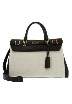 Schwarz-weiße Guess-Handtasche mit strukturiertem oberen Teil, goldfarbenen Schnallendetails, doppelten Tragegriffen und abnehmbarem Schulterriemen.