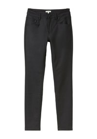 Schwarze, elastische Stoffhose mit schlanker Passform. Verfügt über zwei Fronttaschen, einen Knopfverschluss und dezente Nähte.