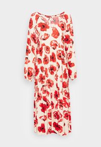 Robe longue crème avec un motif de fleurs de coquelicot rouges, manches longues froncées et un détail à nouer au col arrondi.