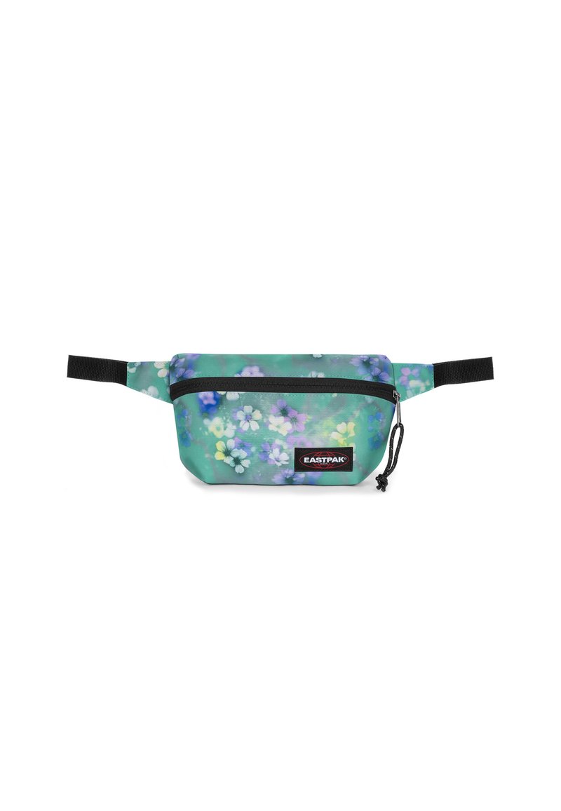 Borsa a vita con motivo floreale nelle tonalità di verde e viola, con una zip nera. Dotata di una tracolla regolabile e di un'etichetta di marca. Realizzata in tessuto resistente.