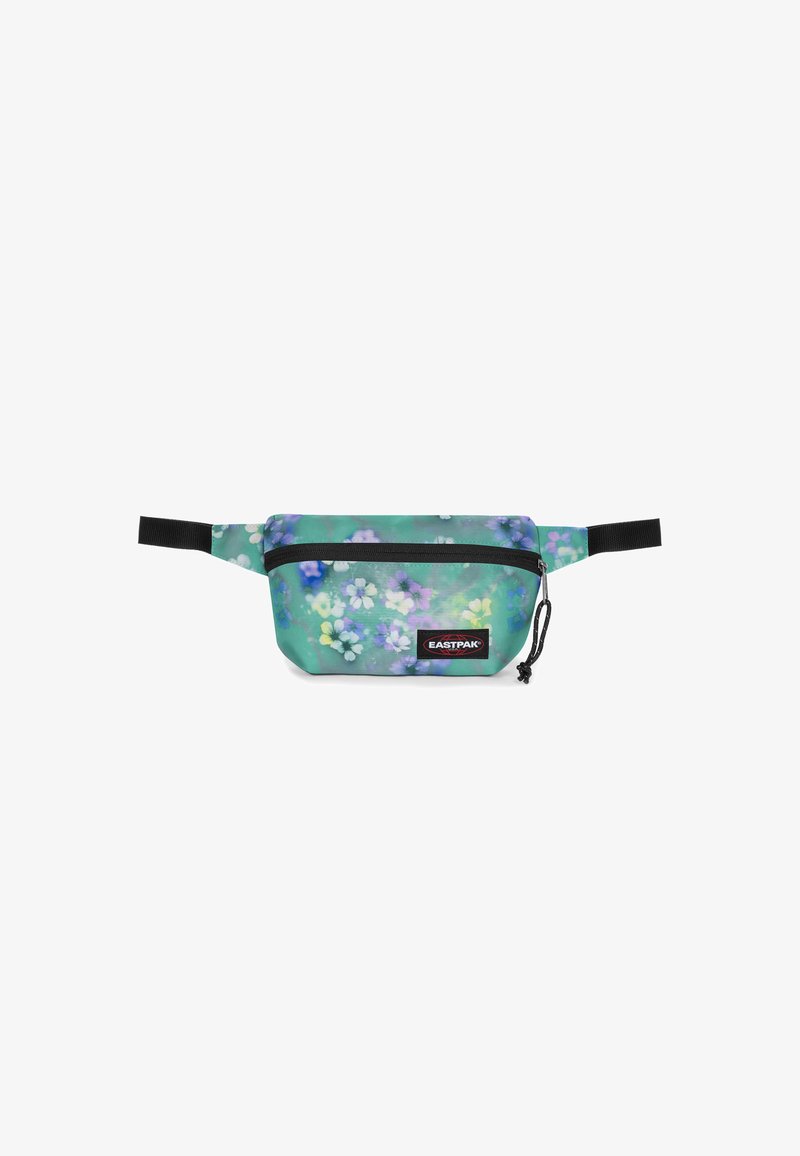 Borsa a vita con motivo floreale nelle tonalità di verde e viola, con una zip nera. Dotata di una tracolla regolabile e di un'etichetta di marca. Realizzata in tessuto resistente.