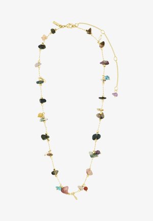 Goldkette mit unregelmäßigen, mehrfarbigen Edelsteinperlen, gleichmäßig verteilt, mit Karabinerverschluss und verstellbarer Verlängerungskette.