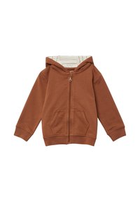 Felpa brown con zip e cappuccio cucito, due tasche frontali e polsini a costine. L'interno presenta righe orizzontali su uno sfondo chiaro.
