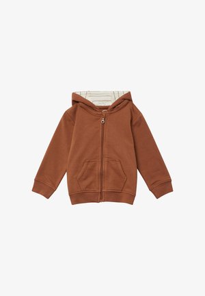Felpa brown con zip e cappuccio cucito, due tasche frontali e polsini a costine. L'interno presenta righe orizzontali su uno sfondo chiaro.