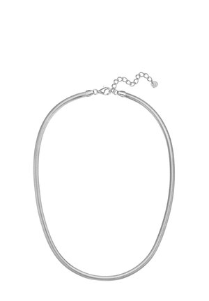Ezüst fém nyaklánc, amely sima, rugalmas dizájnnal és kerek formával rendelkezik. Tartalmaz egy lánchosszabbítót és biztonságos zárat.