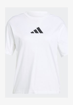 Balta kokvilnas t-kreklu ar melnu Adidas logo trīsstūrveida dizainā uz krūts, ar īsām piedurknēm un brīvu piegriezumu.