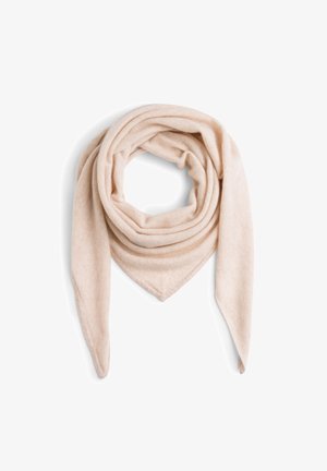 Écharpe triangulaire beige claire, fabriquée dans un tissu doux. Elle présente une texture lisse et se drape parfaitement, formant une boucle au centre.