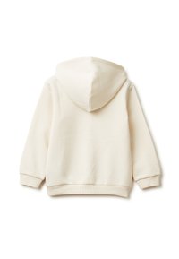 Sudadera con capucha en blanco roto, hecha de una tela suave, con mangas largas, puños acanalados y un bolsillo tipo canguro. Textura lisa, diseño sencillo.