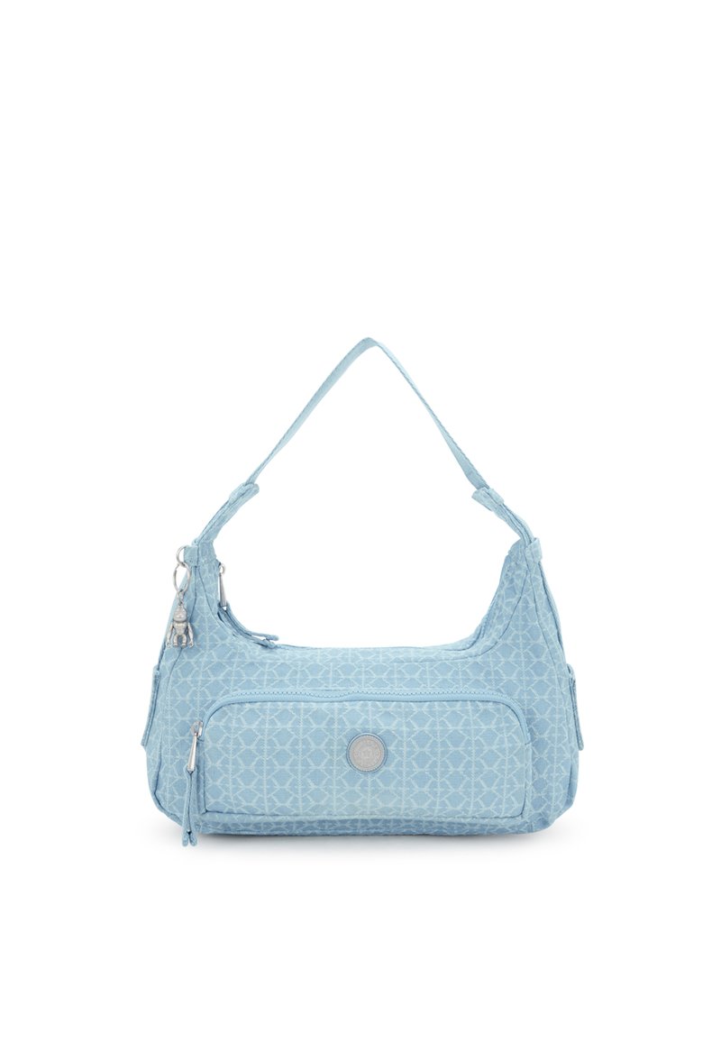 Ljusblå tygaxelväska med geometriskt mönster, enkel överhandtag, framfickzip, och dekorativ detalj i metall.