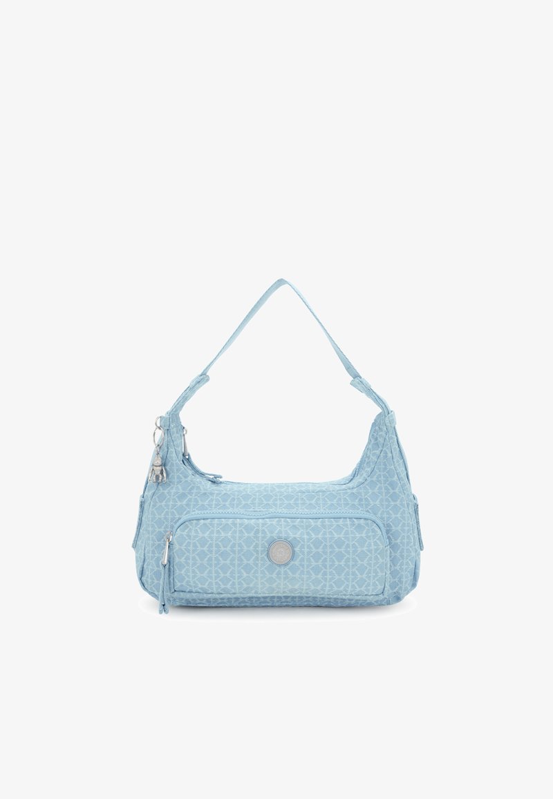 Lyseblå stof skuldertaske med geometrisk mønster, enkelt topgreb, frontlynlås lomme og dekorativ hardware detaljer.