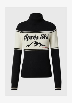 Pull en col roulé noir et blanc avec le texte "Après Ski" et un motif de montagnes. Doté de rayures contrastantes et de poignets côtelés. Matière en tricot douce.