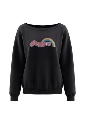 Sort langærmet sweatshirt med bred halsudskæring, med et farverigt regnbue og ordet "Rainbow" i pink skrift på forsiden.