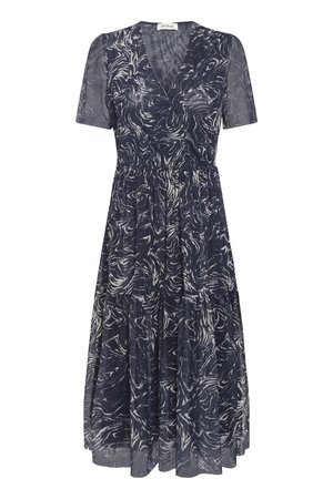 Marineblaues Midikleid mit weißem abstraktem Wirbelmuster, kurzen Ärmeln, V-Ausschnitt und gestuftem Rock.