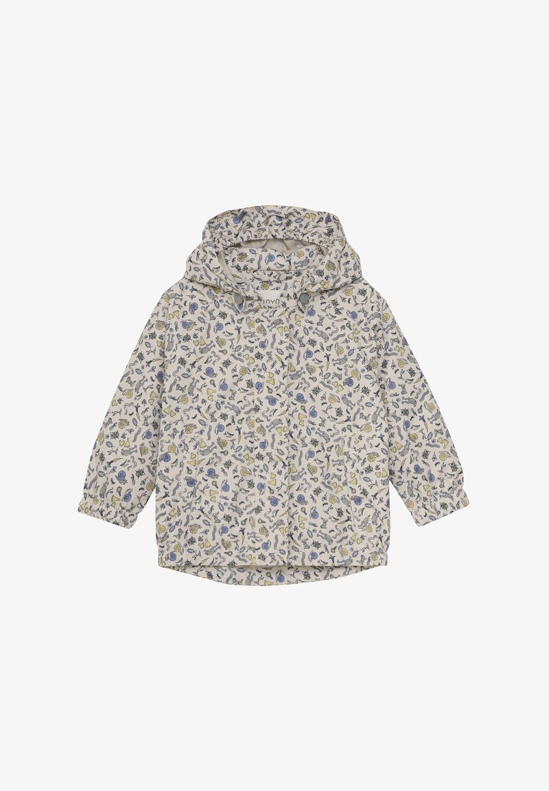 Blomstermønstret jakke i creme, med hætte og elastiske manchetter. Letvægtsmateriale med lige pasform og knappelukning.