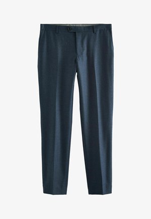 Navy dress pants made of smooth fabric, featuring a straight cut, front pockets, and a single back pocket with a button closure.