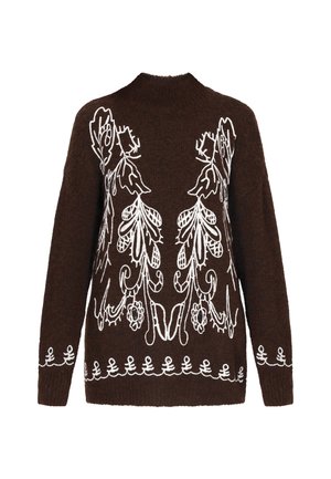 Rudas megztinis su aukšta apykakle ir ilgomis rankovėmis, papuoštas balta gėlių siuvinėjimu ir dekoratyvine apdailos raštu.