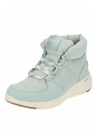 Zapatilla alta de color azul claro con material de ante suave, cuello acolchado y cordones texturizados. Presenta una suela blanca acolchada y una marca sutil.