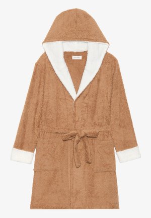 Brown hooded bathrobe made of plush material, featuring a white fleece collar and cuffs, a tied waist, and two front pockets.