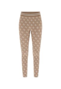 Leggings marroni con un motivo a logo bianco ripetuto, dotati di una vita solidale con due strisce orizzontali per un tocco di dettaglio aggiuntivo.