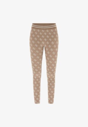 Leggings marroni con un motivo a logo bianco ripetuto, dotati di una vita solidale con due strisce orizzontali per un tocco di dettaglio aggiuntivo.
