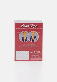 Red box packaging for Boob Tape, featuring before-and-after illustrations, text highlights, and brand information. Dimensions: 10x500cm.