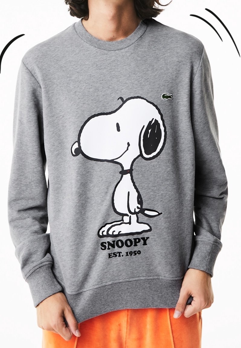 Sweat-shirt gris avec un grand graphique Snoopy en noir et blanc et le texte "SNOOPY EST. 1950". Tissu texturé avec poignets côtelés.