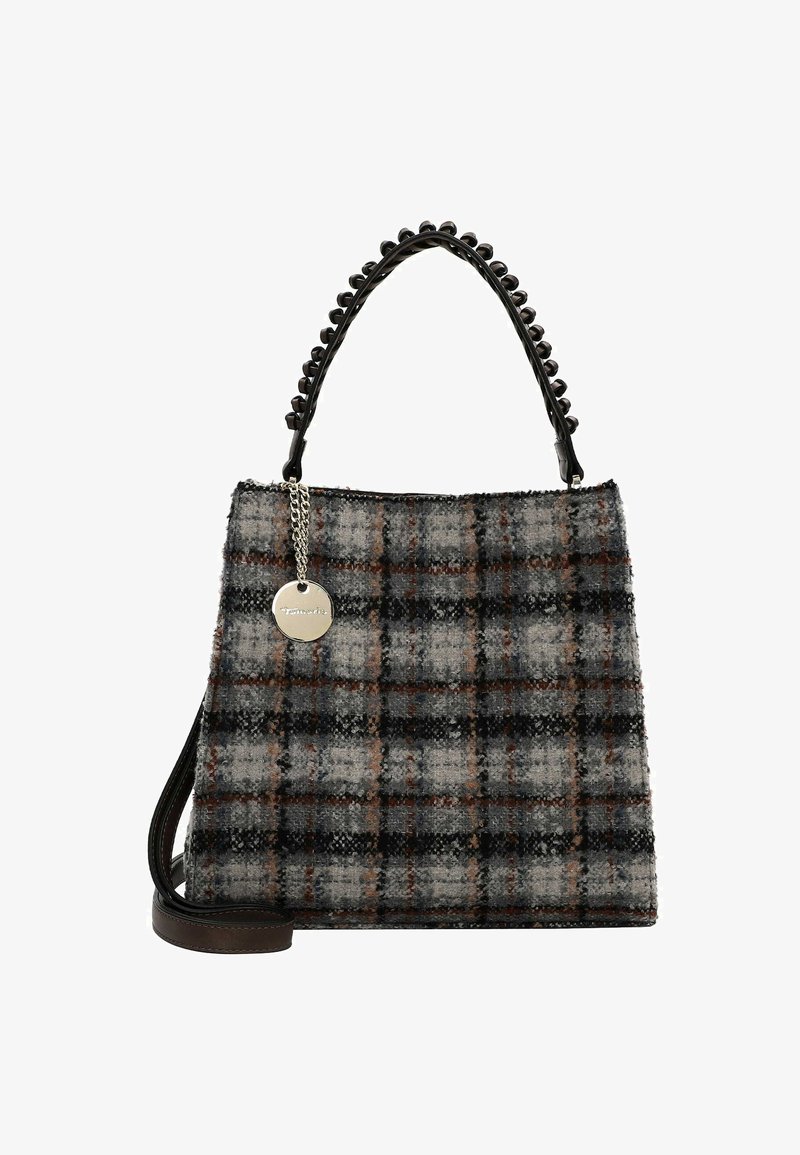 Torebka z mieszanki wełny w szaro-czarny-brązowy wzór w kratkę. Oferuje teksturowaną powierzchnię, solidny pasek na ramię oraz okrągłą metkę.