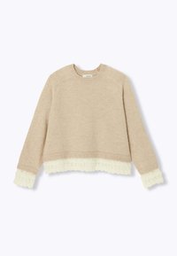 Pull beige au design court, orné d'une bordure en dentelle crème texturée à l'ourlet et aux manches. Matière tricotée, encolure ronde et manches longues.