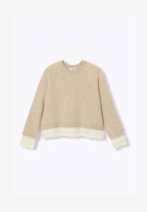Pull beige au design court, orné d'une bordure en dentelle crème texturée à l'ourlet et aux manches. Matière tricotée, encolure ronde et manches longues.