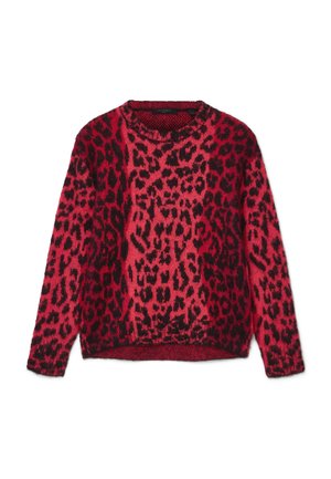 Rot-schwarzer Leopardenprint-Pullover, Rundhalsausschnitt, lange Ärmel, weicher Stoff, leicht oversize Passform, mit geripptem Saum und Bündchen.