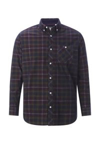 Dunkles kariertes Hemd zum Knöpfen mit langen Ärmeln, das grüne, marineblaue und burgunderrote Quadrate zeigt, mit Kragen und einer Brusttasche.