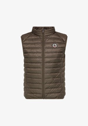 Padded vest in olive green with a high collar, zip closure, and stitched horizontal panels. Features a circular logo on the left side.
