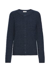 Námornícky modrý pletený kardigán so vzorom z lán, okrúhly výstrih, dlhé rukávy a šesť zladených gombíkov vpredu.