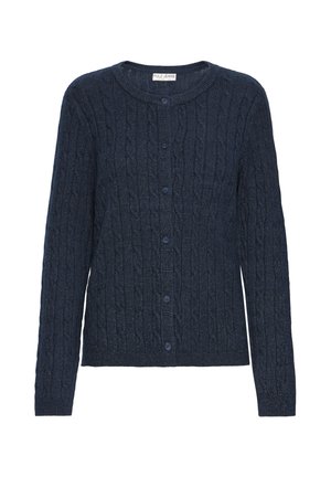 Tamsiai mėlynas megztas kardiganas su pynimo raštu, apvaliu iškirpimu, pilno ilgio rankovėmis ir šešiais atitinkančiais mygtukais priekyje.