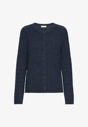 Tamsiai mėlynas megztas kardiganas su pynimo raštu, apvaliu iškirpimu, pilno ilgio rankovėmis ir šešiais atitinkančiais mygtukais priekyje.