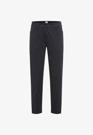 Pantalon noir slim avec passants de ceinture, bouton à l'avant, fermeture éclair et deux poches latérales, présenté sur un fond blanc.
