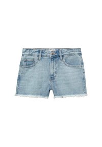 Svetlo modri jeans kratki hlače z razfrknjenim robom, petimi žepi, standardnim pasom in sprednjim gumbom za zapiranje. Rahlo zbledela tekstura.