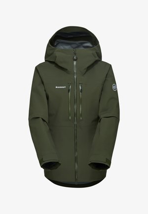 Giacca Mammut verde oliva con zip frontale impermeabile, due tasche sul petto, cappuccio regolabile e polsini testurizzati. Materiale resistente.