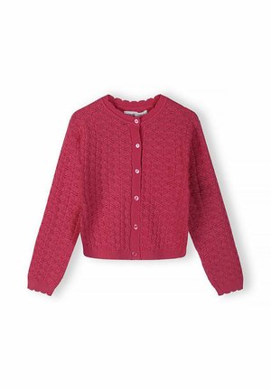 Cardigan en tricot rose foncé boutonné avec un motif géométrique texturé et des bords festonnés aux poignets et à l'encolure.