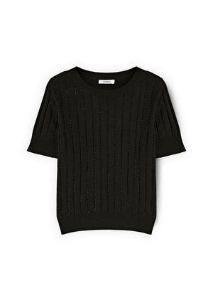 Suéter negro de punto de manga corta con canalé vertical y pequeños cortes en toda la prenda. Cuello redondo con dobladillo ajustado.