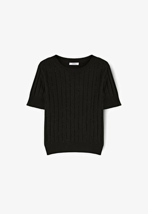 Czarny, krótki sweter z dzianiny z krótkim rękawem, z pionowym prążkowaniem i małymi wycięciami w całej powierzchni. Okrągły dekolt z dopasowanym wykończeniem.