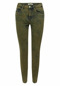 Jeans ajustados en un color verde oliva desgastado, fabricados en denim con una sutil textura, que cuentan con bolsillos frontales y un cierre de botón en la cintura.