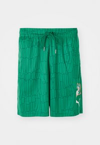 Green swim shorts with a textured pattern, elastic waistband, and drawstring. Features a logo patch on the side and contrasting trim details.