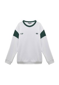 Sudadera blanca con detalles verdes en los hombros y el escote. Cuenta con un pequeño logo en el pecho y puños de canalé. Ajuste cómodo.